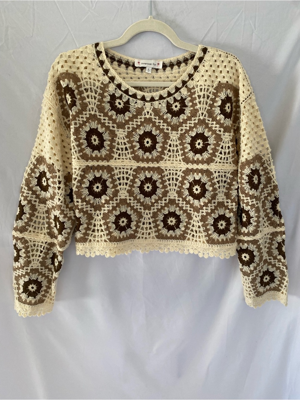 Crochet Floral Sweater Top - Cream & Brown